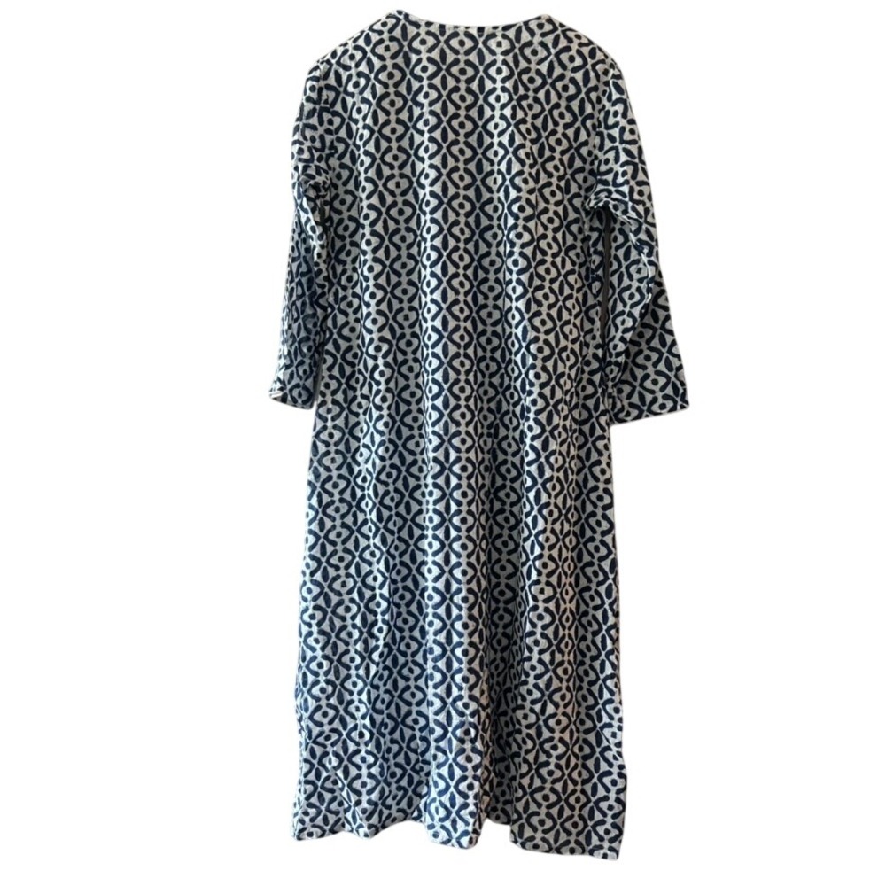 Indigo Block Print Dress Midi 5/6 Geometric 3/4 Sleeve Boho Resortwear Airy Boho - Picture 3 of 9